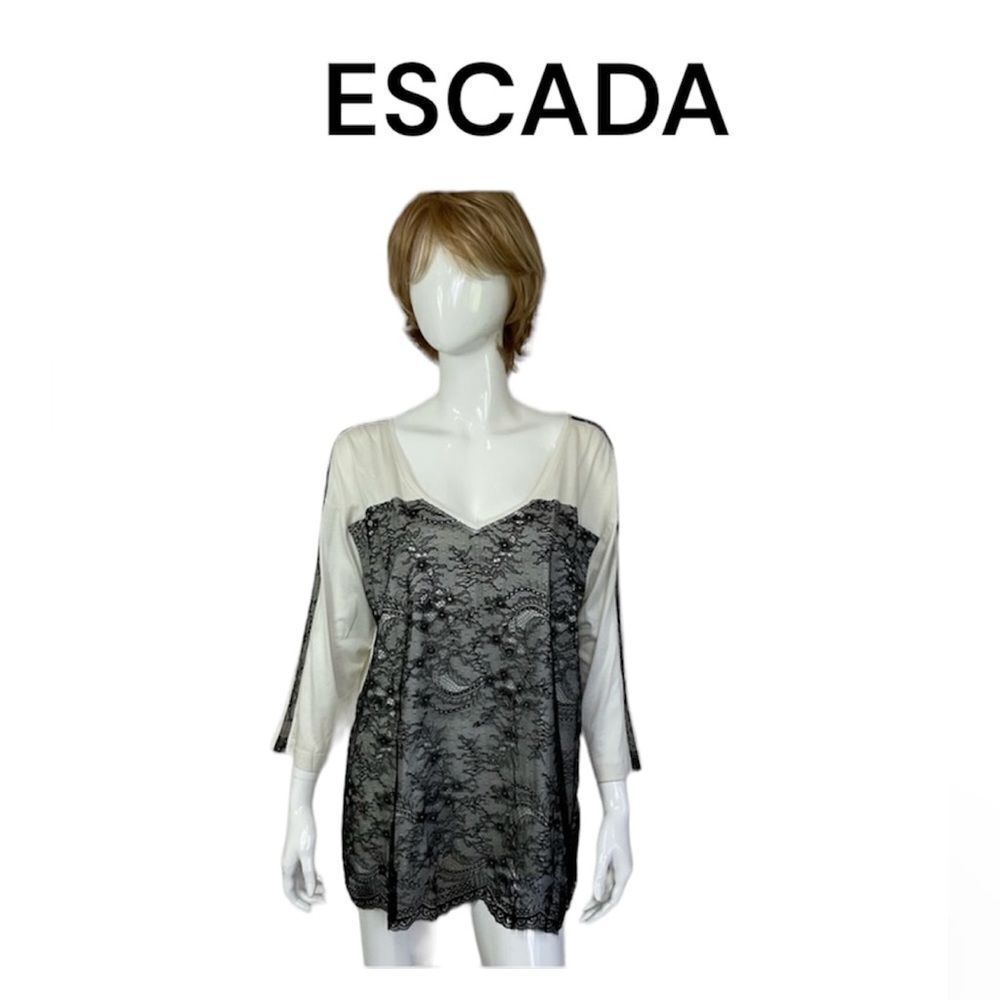 NEW Escada Sport Floral Lace Overlay 3/4 Sleeve Tunic Shirt Black Cream XL